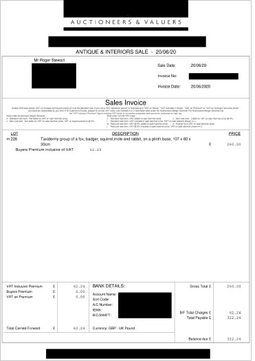 Taxidermy invoice redacted